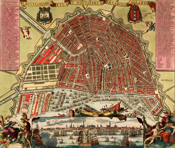 Kaart van Amsterdam van Carel Allard uit ca. 1700. De kaart toont de voltooide 17de-eeuwse stad. Tot eind 19de eeuw blijft dit de omvang van Amsterdam.