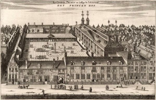 Het ‘Princen Hof’ op een gravure van Dapper uit 1663. Op de binnenplaats een gerechtspaal, ook wel wurg- of geselpaal genaamd.