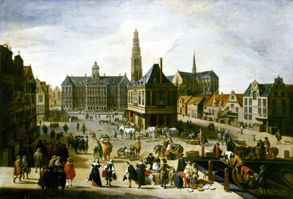 Schilderij van de Dam met de voltooide Nieuwekerkstoren: stadhuis overvleugeld. Cornelis de Bie, naar Jacob van der Ulft, 1653