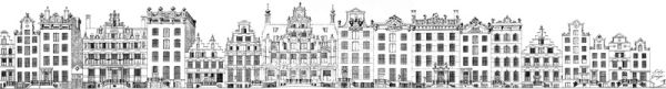 Herengracht 150 t/m 184. Tekening uit het Grachtenboek van Caspar Philips. Op deze tekening staan 16 panden, tegenwoordig zijn het er 17, waarvan we er 9 nog herkennen.