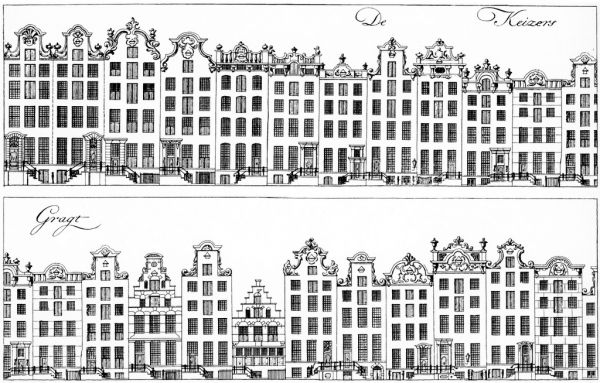 Keizersgracht 294 t/m 254. Tekening uit het Grachtenboek van Caspar Philips.