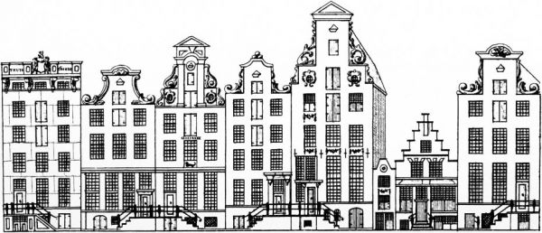 Herengracht 293-305. Tekening uit het Grachtenboek van Caspar Philips.