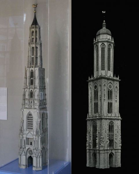 De twee houten modellen van de Nieuwekerkstoren, toegeschreven aan Jacob van Campen (© Walther Schoonenberg)