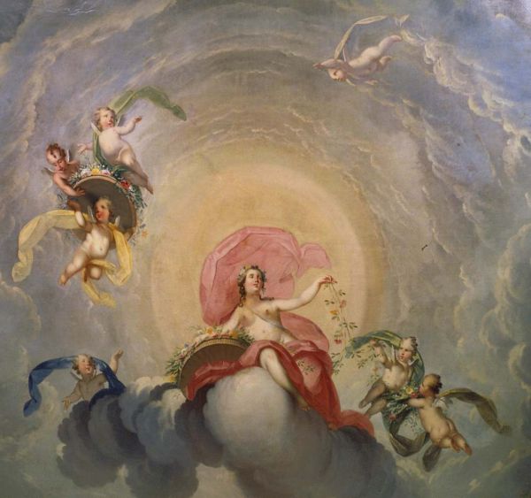 Prinsengracht 299. Detail van plafondstuk: Flora, godin van de lente, omringd door putti.