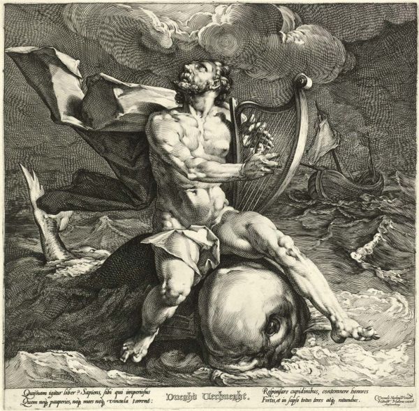 Arion op de dolfijn, Jan Harmensz. Muller, naar Cornelis Cornelisz. van Haarlem, 1589, met motto van H.L. Spieghel
