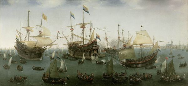 De terugkomst in Amsterdam van de tweede expeditie naar Oost-Indië, Hendrik Cornelisz Vroom, 1599 (Amsterdam Museum, te zien in het Rijksmuseum)