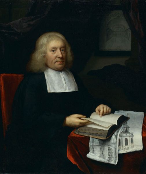 Portret van kerkmeester Listingh met het ontwerp van de koepelkerk