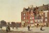 De bebouwing die op twee huisjes na verdween voor het Victoria-hotel. Tekening van J.M.A. Rieke, 1889