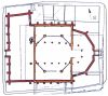 Huidige situatie. Posthumus Meyjes' plattegrond in dunne lijnen, de huidige kerkruimte in een oranje lijn, de afgebroken laatmiddeleeuwse kapel in rood.