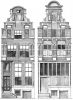 OZ Voorburgwal 100, bestaande toestand en reconstructie van de gevel in 1634, tekening door R. Royaards-ten Holt (Huizen in Nederland).