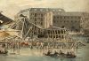Instorting van het Oost-Indisch Magazijn (detail) met het Nieuwe Magazijn op de achtergrond. Aquarel van Cornelis de Kruyff, 1822