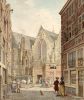 Gezicht op de oude kerk vanuit de Enge Kerksteeg. Tekening door H.P. Schouten, 1779 (Enge Kerksteeg 2)