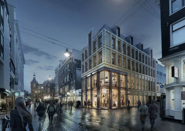 Leidsestraat 100. Met behoud van het betonskelet ondergaat het hoekpand een totale transformatie. (Artist impression van de Architecten Cie).